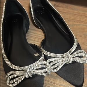 Elegant Black Satin Flats with Rhinestone Bow